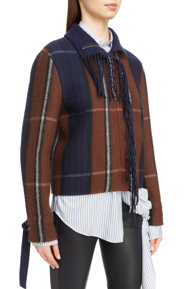 Plaid Fringe Trim Wool & Cashmere Jacket, Alternate, color, BLUE/ CHOCOLATE BROWN