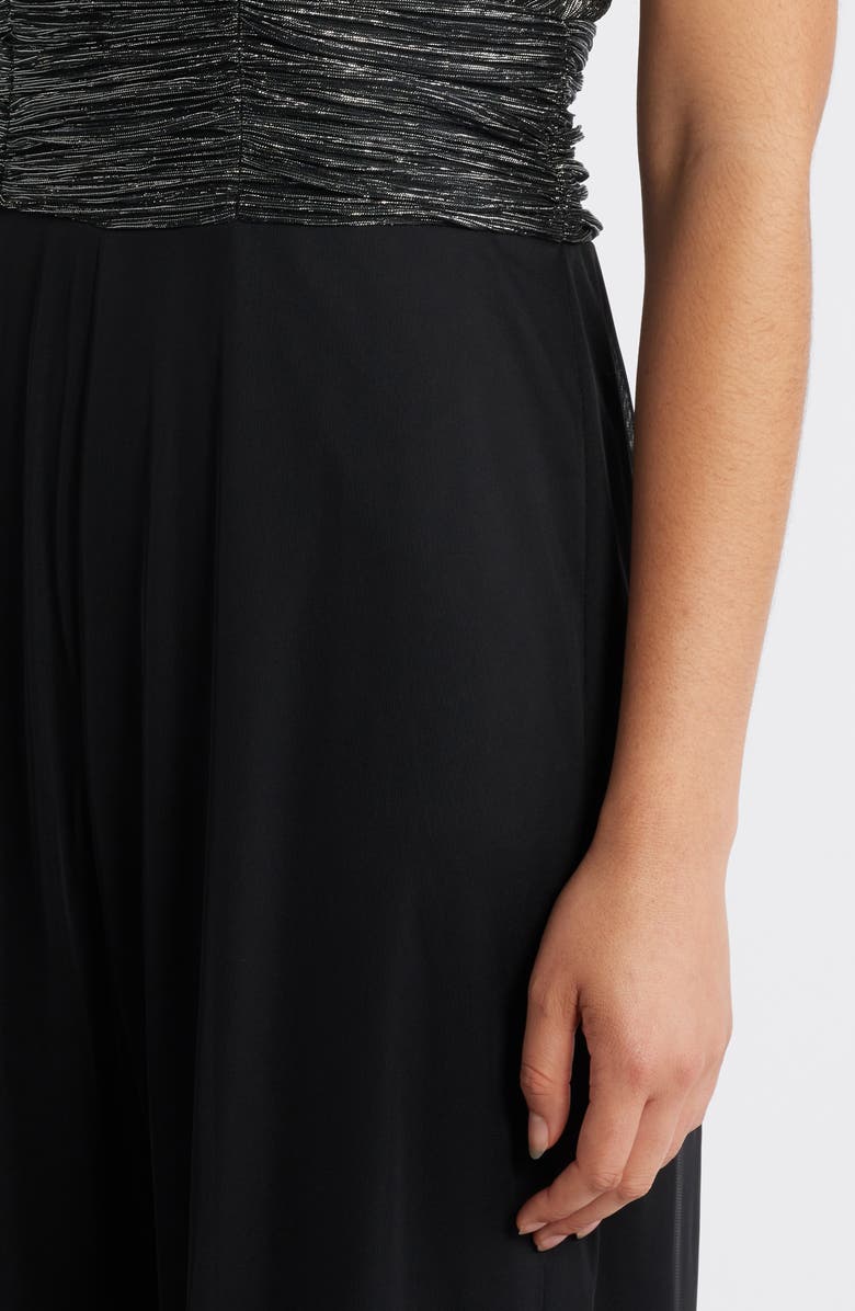 Connected Apparel Metallic Plissé Mixed Media Wide Leg Jumpsuit, Alternate, color,