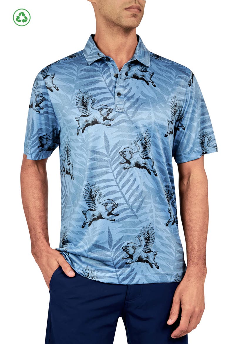 Regular Fit Flying Pigs Print Recycled Performance Golf Polo, Main, color, BLUE