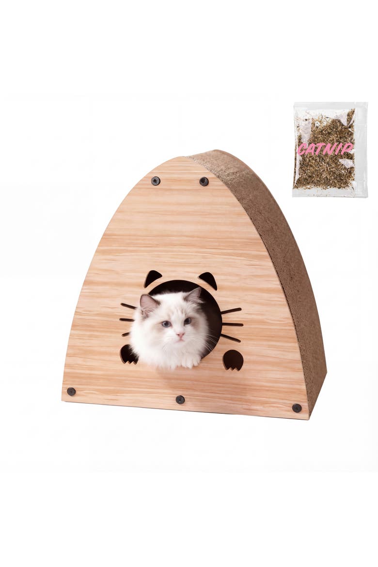Koko Cardboard Triangle Cat Cave Scratcher with Catnip, Main, color, Brown Wood Grain Finish