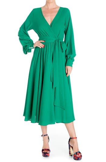 Meghan La Lilypad Surplice Long Sleeve Wrap Midi Dress In Emerald