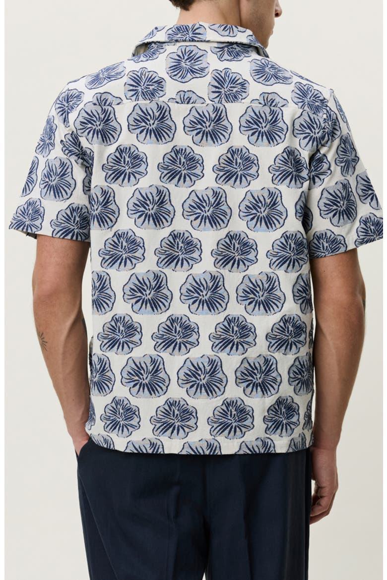 Dahlia Floral Jacquard Cotton & Linen Blend Camp Shirt, Alternate, color, DARK DENIM BLUE