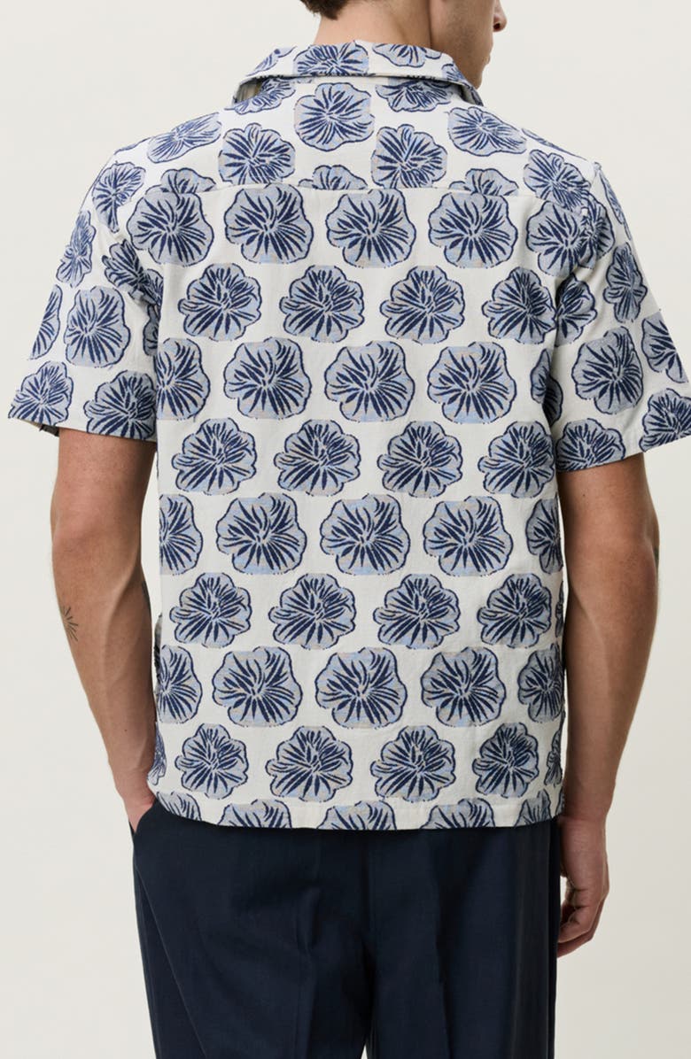 Les Deux Dahlia Floral Jacquard Cotton & Linen Blend Camp Shirt, Alternate, color, Dark Denim Blue