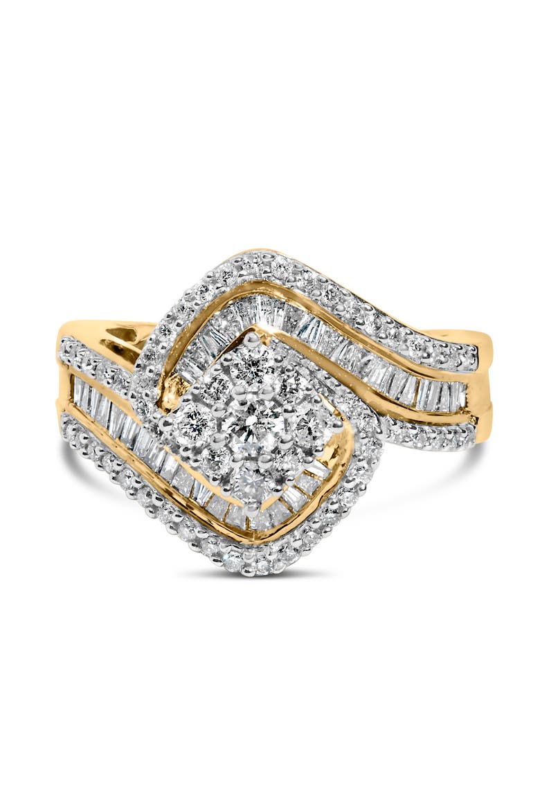 14K Yellow Gold 1.0 Cttw Baguette and Round Diamond Cluster Swirl Ring, Main, color, Yellow