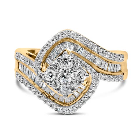 14K Yellow Gold 1.0 Cttw Baguette and Round Diamond Cluster Swirl Ring