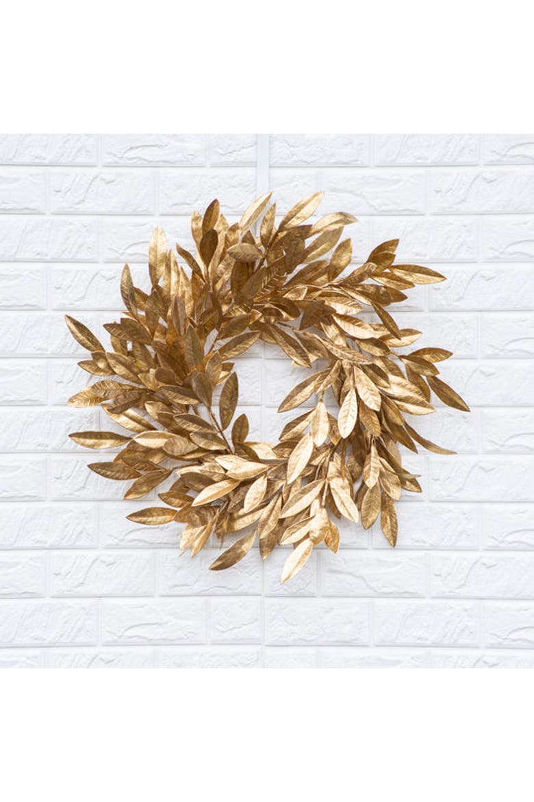 Antiqued Gold Bay Leaf Christmas Holiday Front Door Wreath, Main, color, Metallic Gold