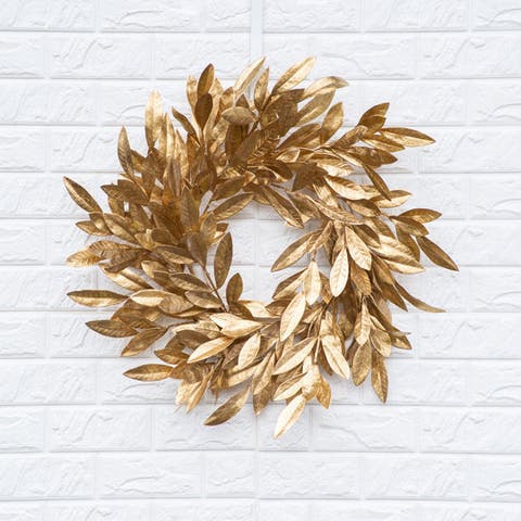Antiqued Gold Bay Leaf Christmas Holiday Front Door Wreath