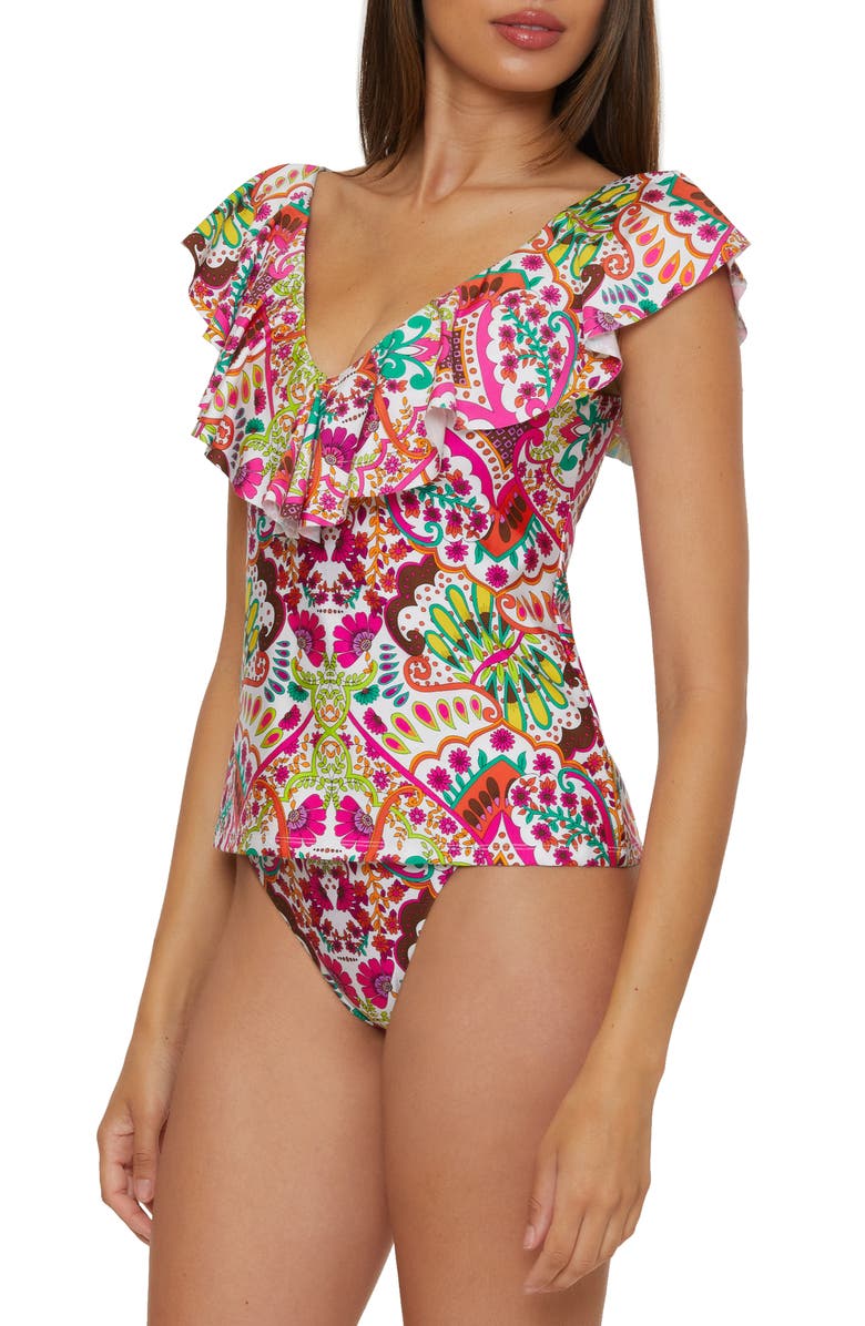 Trina Turk Hawaiian Ruffle Tankini Top, Alternate, color, Pink Multi