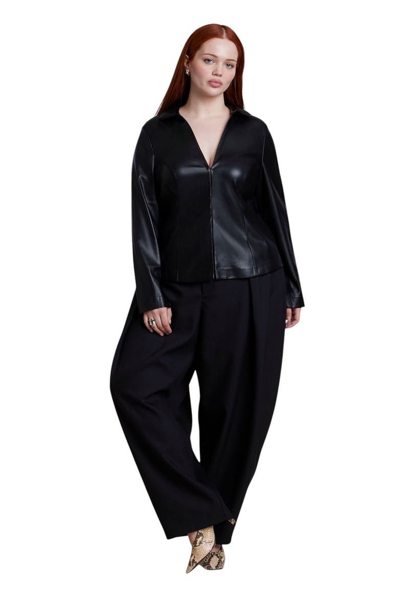 Fitted Faux Leather Collared Top (plus), Alternate, color, BLACK ONYX