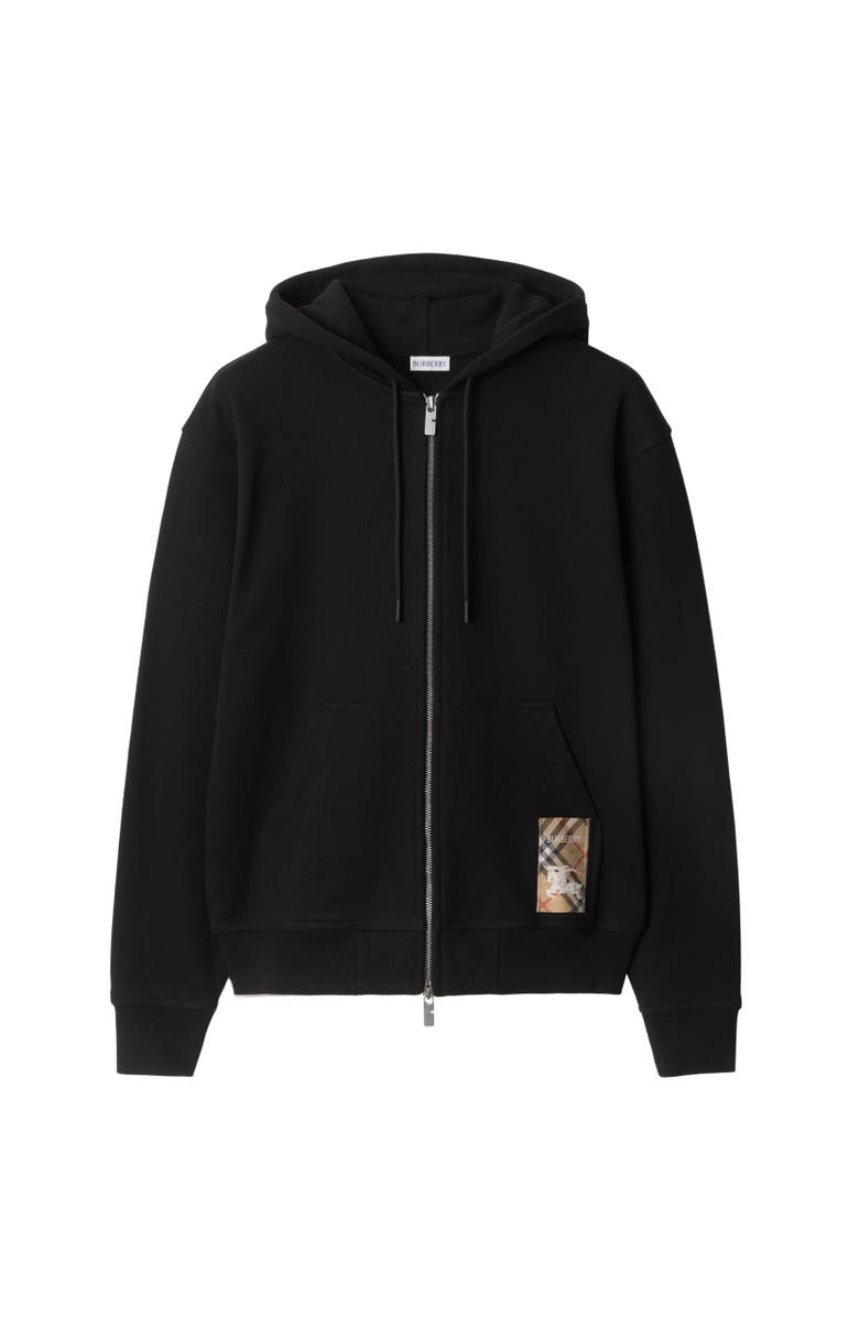 Burberry Check Label Cotton Zip Hoodie, Alternate, color, Black