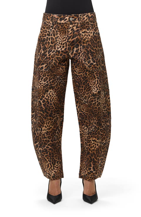 Leopard Print Stretch Canvas Barrel Pants