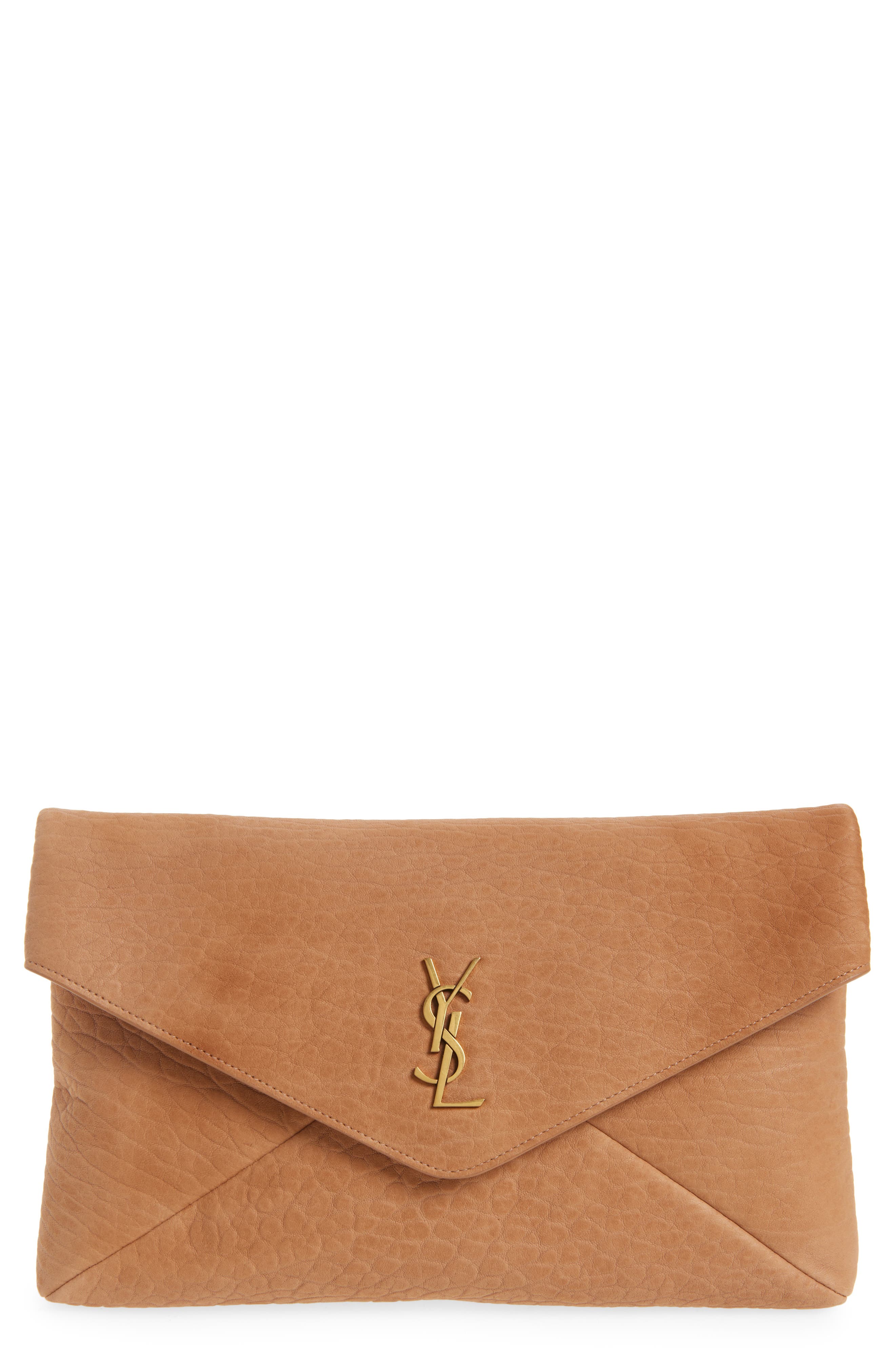 Saint Laurent Large Cassandre Leather Envelope Clutch, Main, color, Honey Caramel