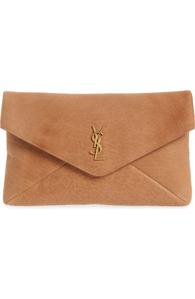 Saint Laurent Large Cassandre Leather Envelope Clutch, Main, color, Honey Caramel