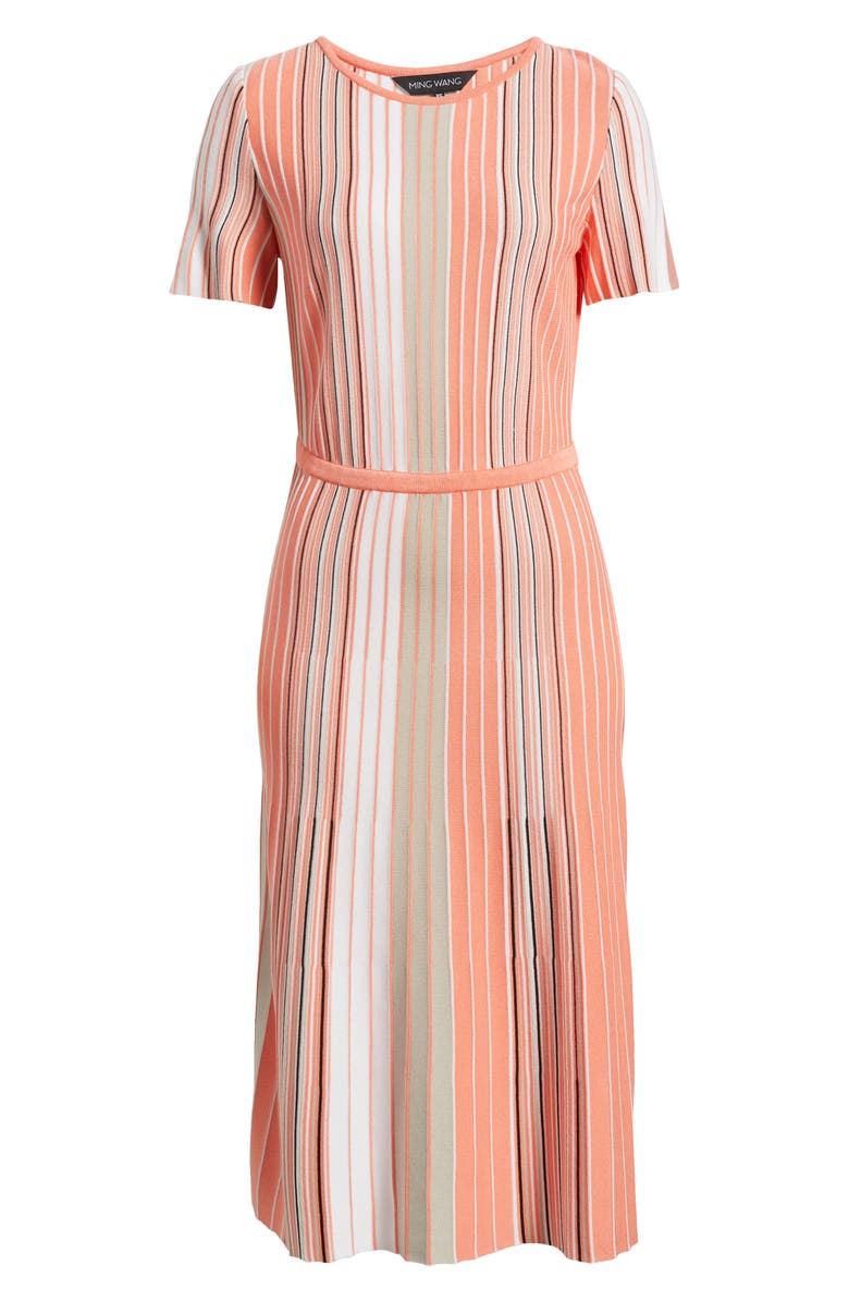 Ming Wang Multi Stripe Soft Knit Fit & Flare Dress, Alternate, color, Orange Burst/ Limestone Multi