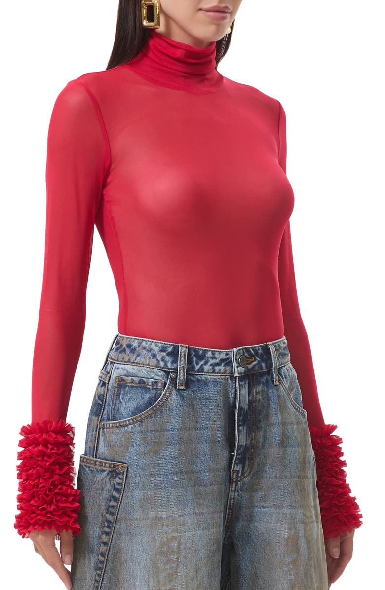 AFRM Helena Ruffle Trim Long Sleeve Mesh Shirt, Alternate, color, Kiss Red