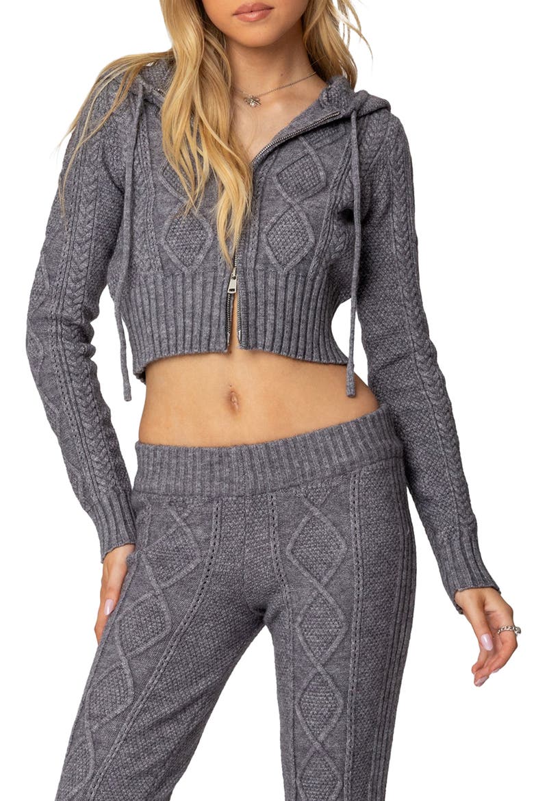Ray Cable Stitch Hooded Crop Jacket, Main, color, GRAY-MELANGE