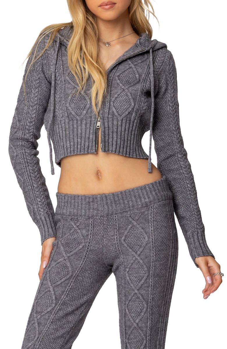 EDIKTED Ray Cable Stitch Hooded Crop Jacket, Main, color, Gray-Melange