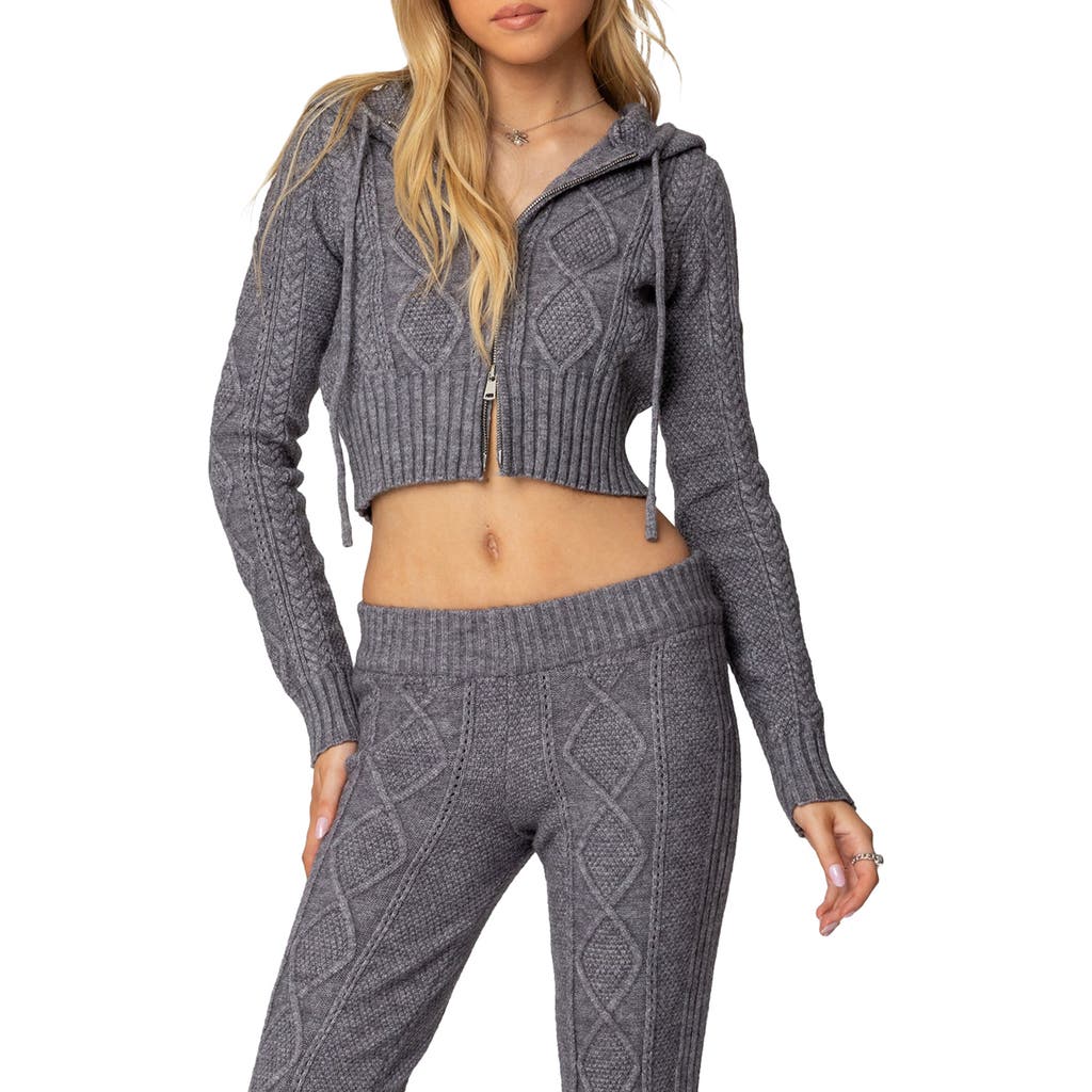 Edikted Ray Cable Stitch Hooded Crop Jacket In Gray-melange