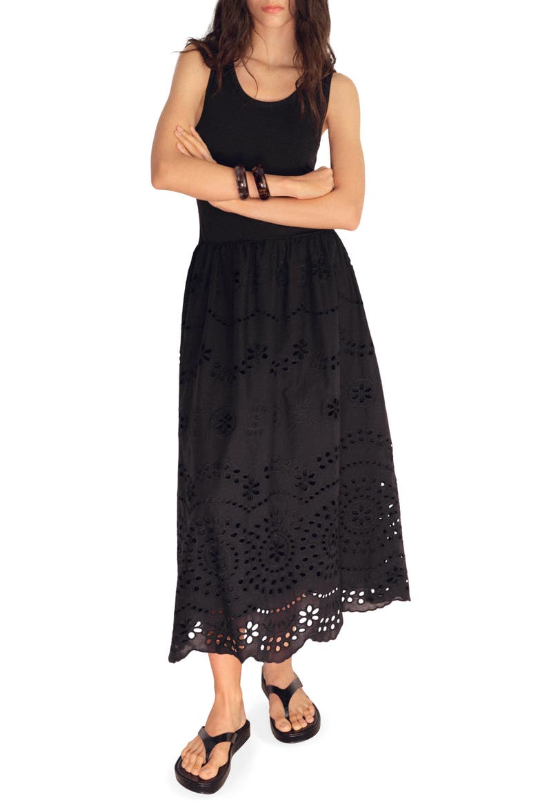 Embroidered Eyelet Detail Mixed Media Cotton Blend Dress, Main, color, BLACK