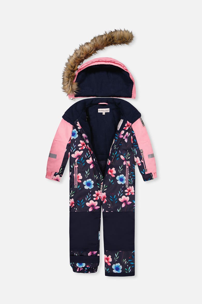 Play Floral Faux Fur Hood & One Piece Snowsuit, Alternate, color, Blue Floral Print