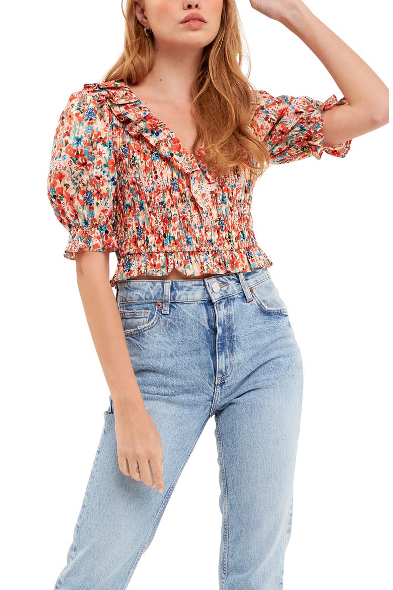 Floral Smocked Ruffle Cotton Top, Alternate, color, PEACH MULTI