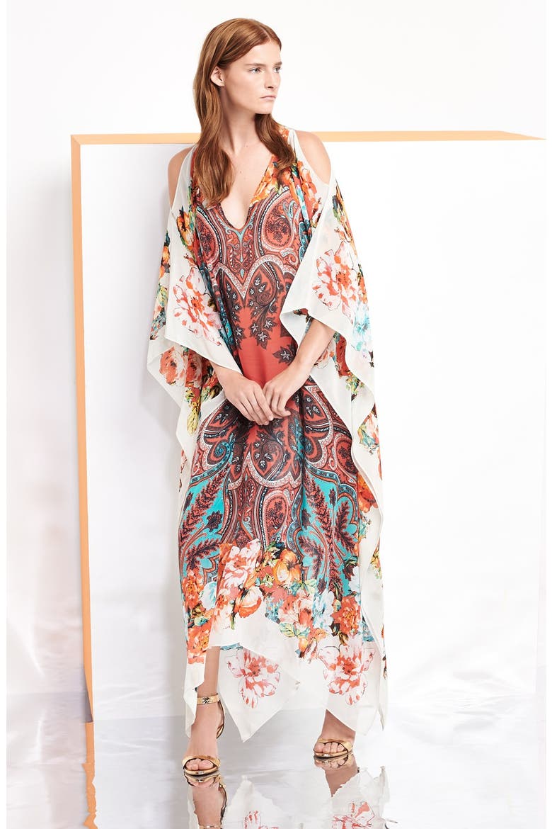 Print Cold Shoulder Silk Caftan Dress, Alternate, color, PINK/ BLUE MULTI