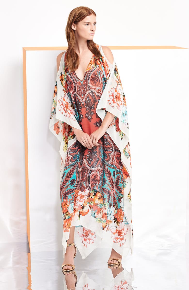 Etro Print Cold Shoulder Silk Caftan Dress, Main, color,