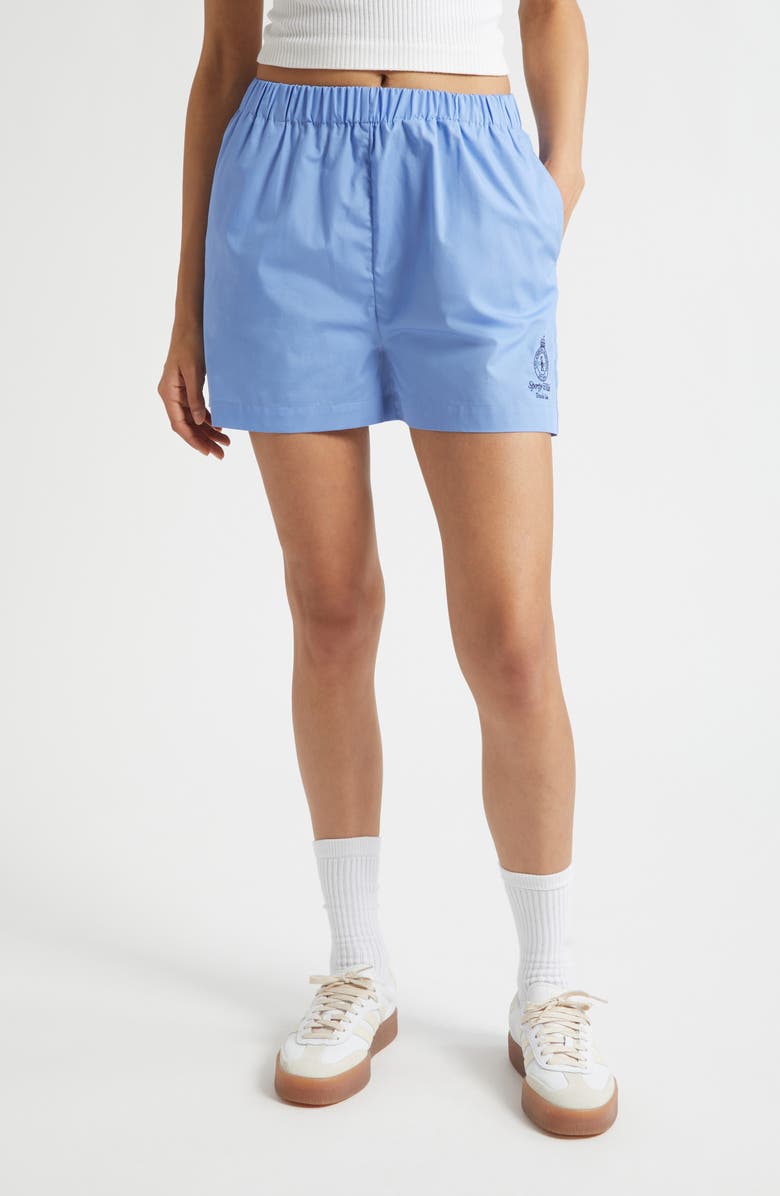 Sporty & Rich Crown Tennis Embroidered Poplin Shorts, Main, color, Flax Blue