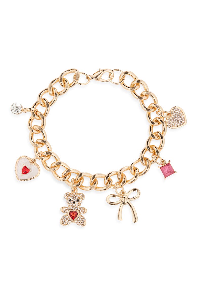Teddy Bear Charm Bracelet, Main, color, GOLD
