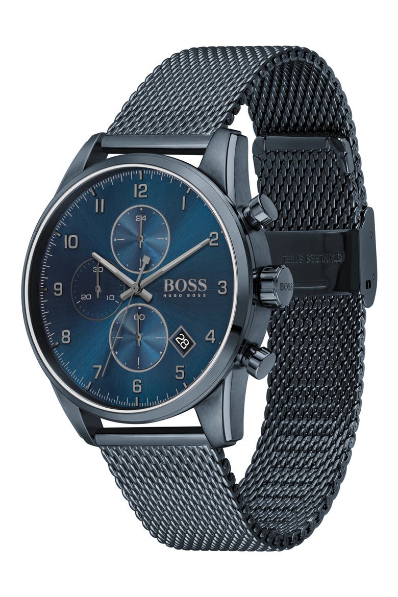 Skymaster Chronograph Mesh Strap Watch, 44mm, Alternate, color, BLUE
