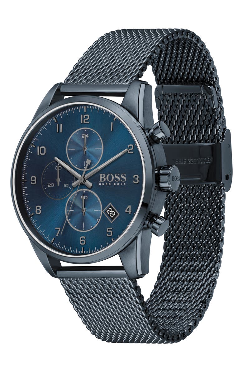 BOSS Skymaster Chronograph Mesh Strap Watch, 44mm, Alternate, color, Blue