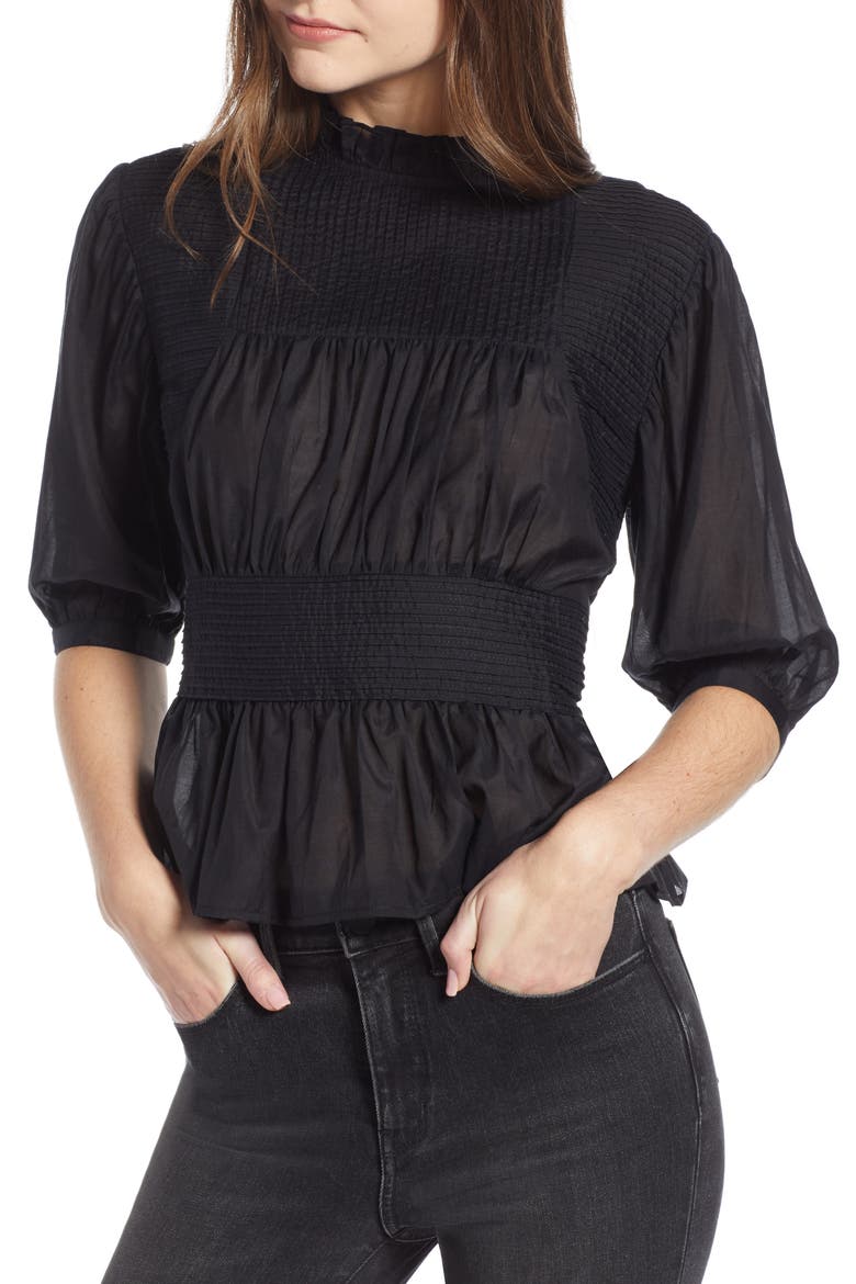 Pleated Peplum Top (Nordstrom Exclusive), Main, color, BLACK