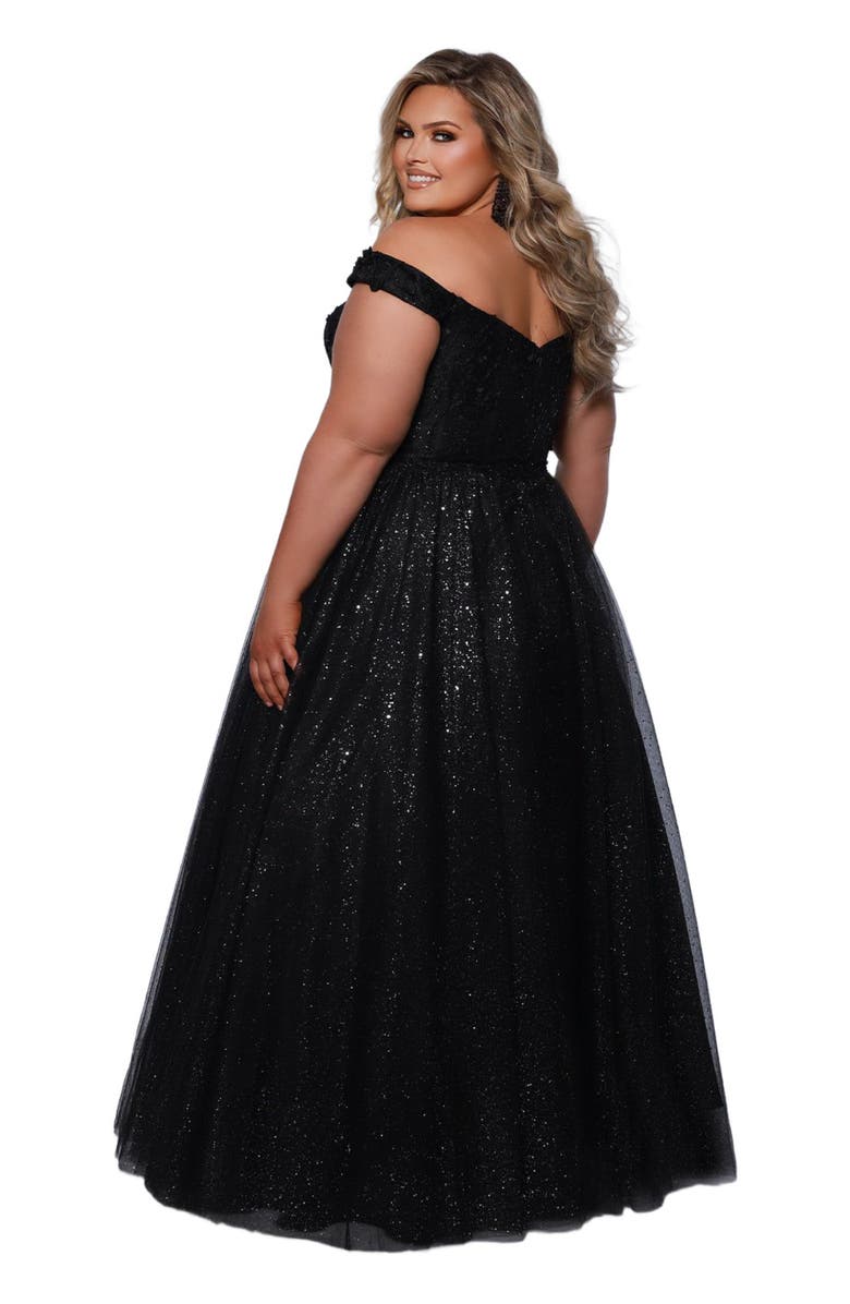 Sydney's Closet Off the Shoulder V-Neckline Plus Size Ballgown, Main, color, Onyx
