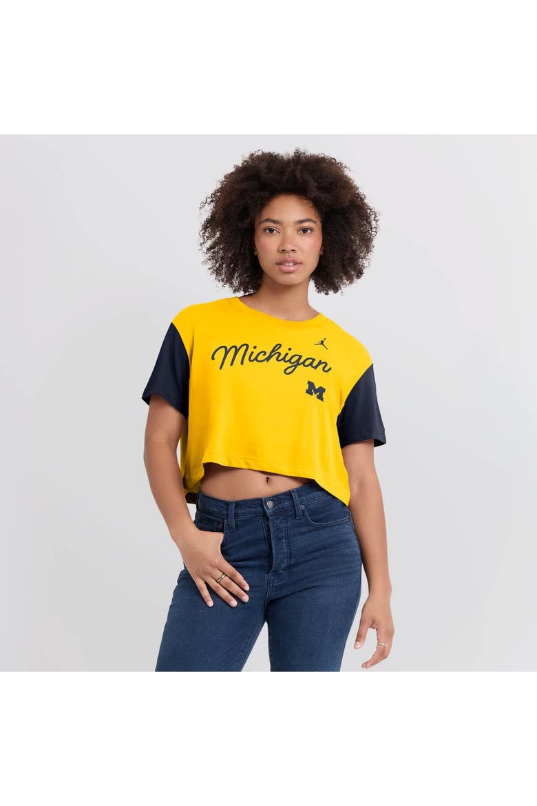 Women's Jordan Brand  Maize/Navy Michigan Wolverines Color-Block Script Dri-FIT Cropped T-Shirt, Main, color, Maize