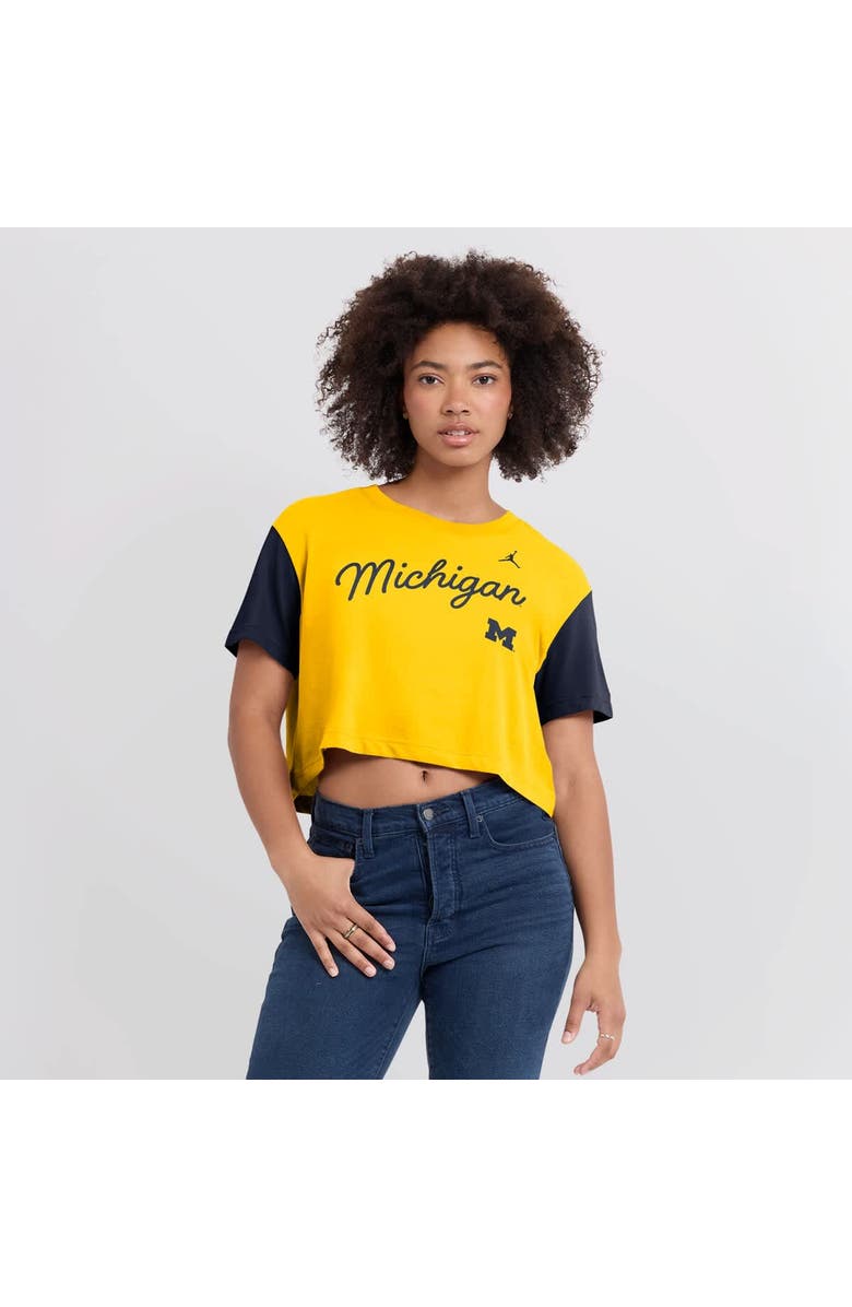 Jordan Brand Women's Jordan Brand Maize/Navy Michigan Wolverines Color-Block Script Dri-FIT Cropped T-Shirt, Main, color, Maize