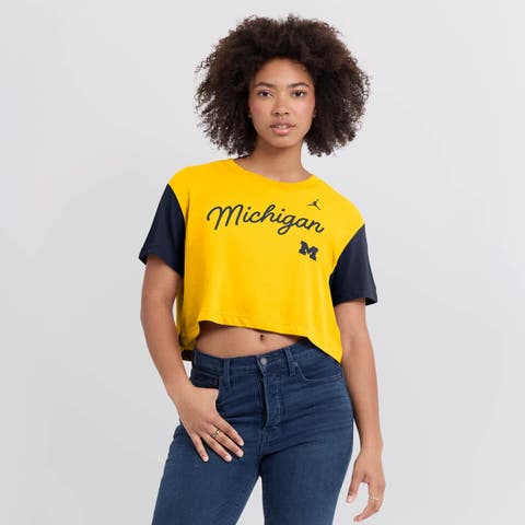 Women's Jordan Brand  Maize/Navy Michigan Wolverines Color-Block Script Dri-FIT Cropped T-Shirt