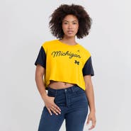 Jordan Brand Women's Jordan Brand  Maize/Navy Michigan Wolverines Color-Block Script Dri-FIT Cropped T-Shirt