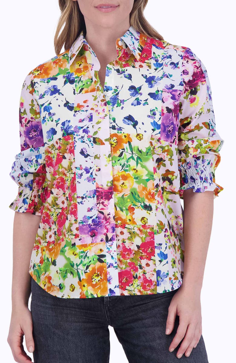 Foxcroft Olivia Floral Ruffle Sleeve Button-Up Shirt, Main, color, Blue/ Yellow Multi