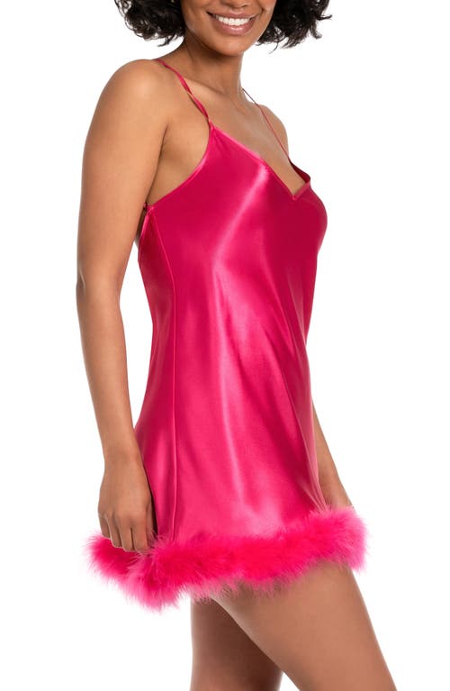 In Bloom By Jonquil Hollie Feather Trim Satin Chemise In Bright Rose