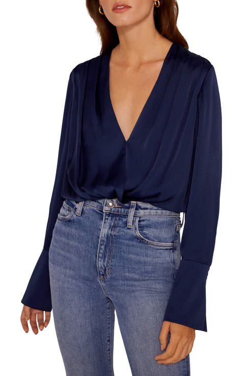 Surplice Long Sleeve Satin Bodysuit