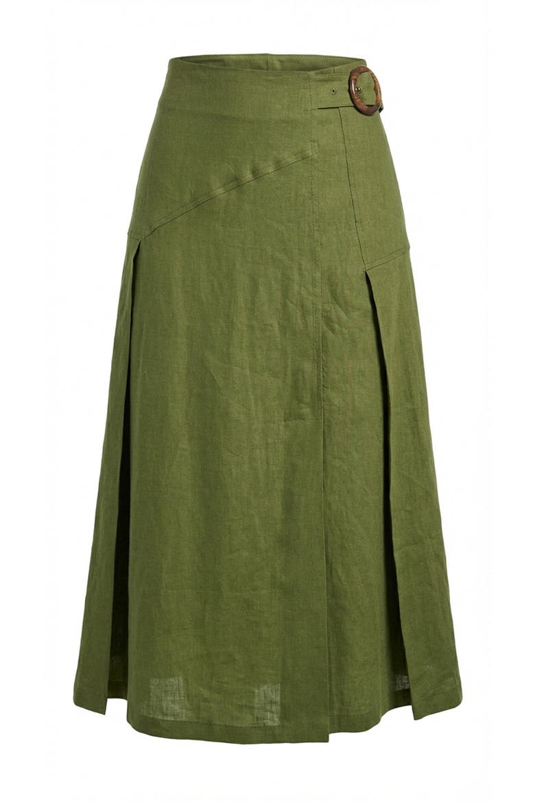Burnice Buckle Detail Linen Midi Skirt, Alternate, color, Khaki