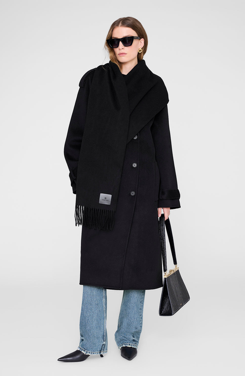 Anine Bing Augustina Fringed Wool Scarf In Black