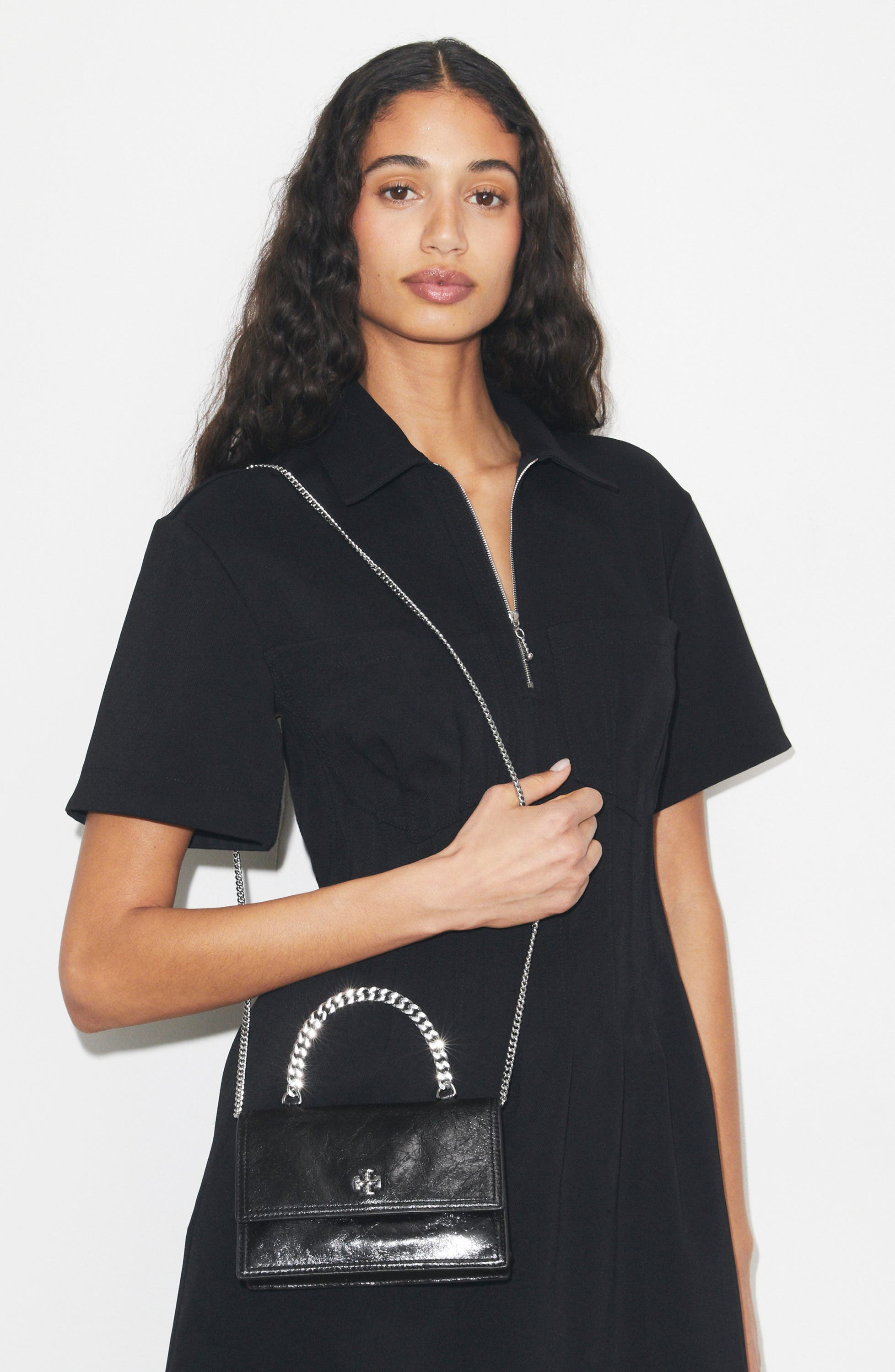 Tory Burch Kira Distressed Mini Top Handle Wallet on a Chain, Alternate, color, Black