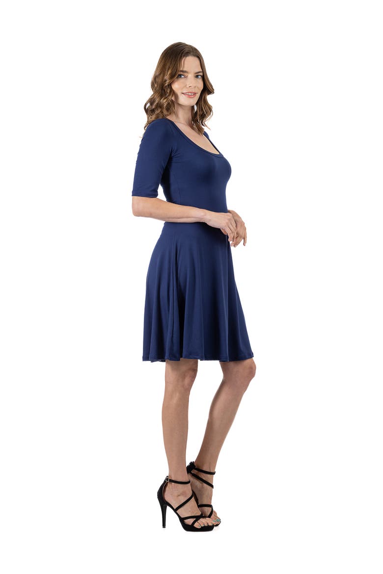 Petites Apparel A-Line Knee Length Dress Elbow Length Sleeves, Alternate, color, Navy