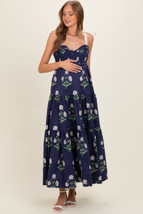 Floral Sweetheart Neckline Smocked Maxi Dress