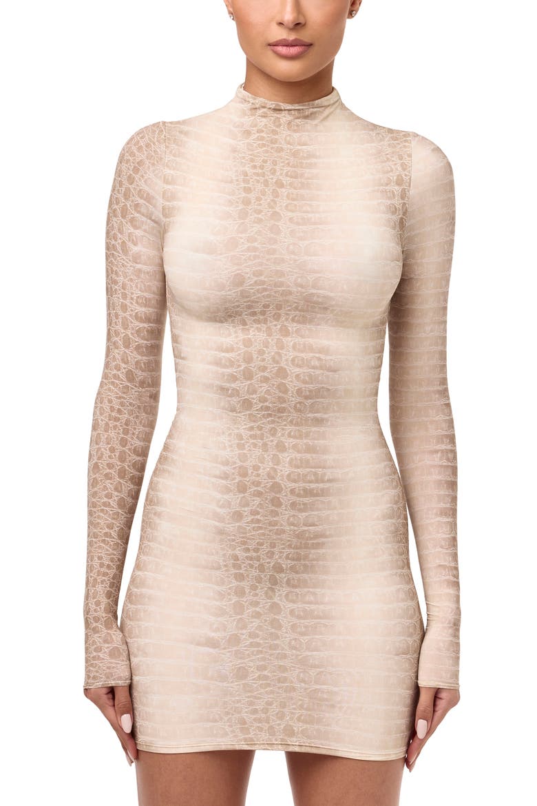 Print Long Sleeve Body-Con Minidress, Alternate, color, BONE CROCODILE