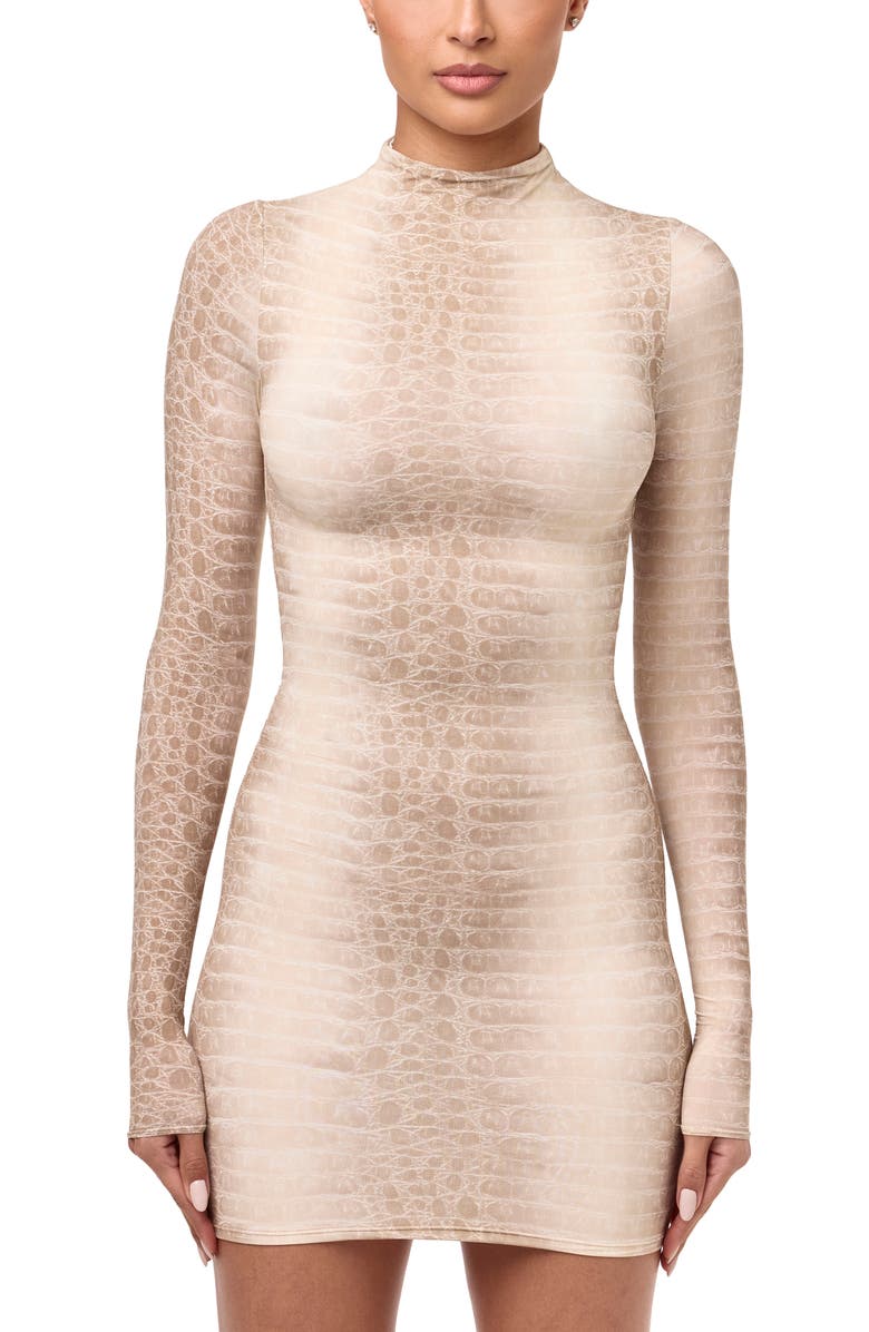 Naked Wardrobe Leopard Print Long Sleeve Body-Con Minidress, Alternate, color, Bone Crocodile