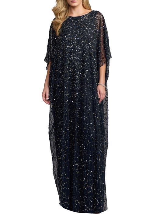 Beaded Mesh Kaftan Evening Gown with Round Neck