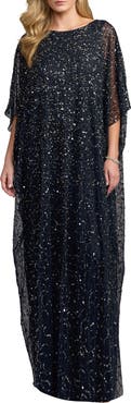 Mac Duggal Beaded Mesh Kaftan Evening Gown with Round Neck