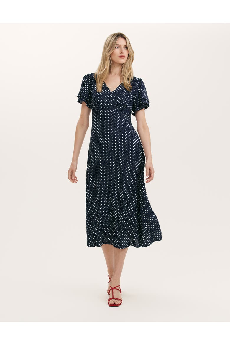 Saskia Polka Dot Midi Tea Dress, Alternate, color, Navy Spot
